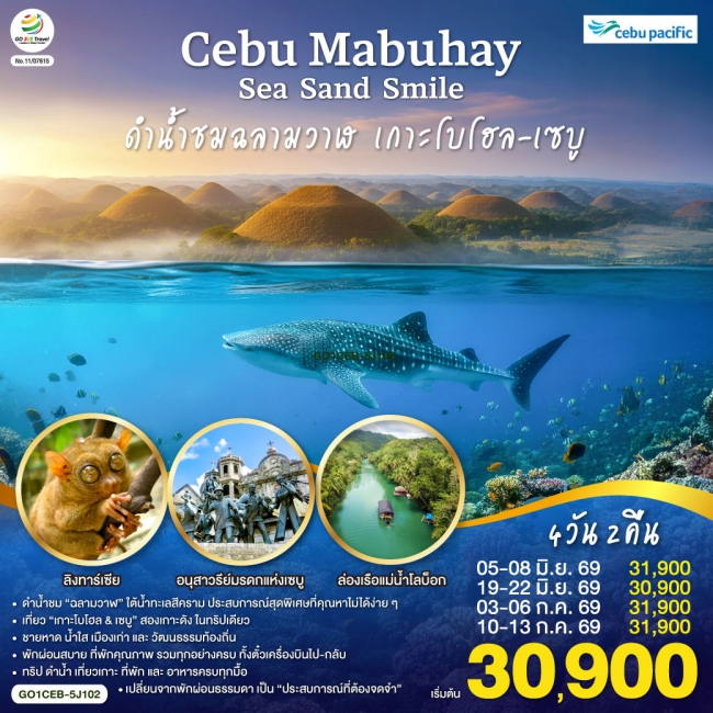 ทัวร์ฟิลิปปินส์ CEBU Mabuhay Sea. Sand. Smile. ดำน้ำชมฉลามวาฬ เกาะโบโฮล 4 วัน 2 คืน