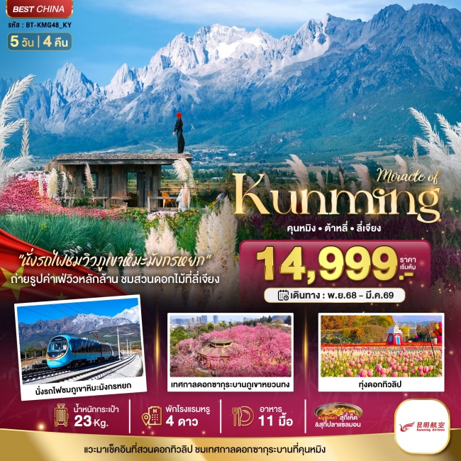 ทัวร์จีน คุนหมิง ทะเลสาบต้าหลี่ สวนดอกไม้ลี่เจียง นั่งรถไฟชมวิวภูเขาหิมะมังกรหยก