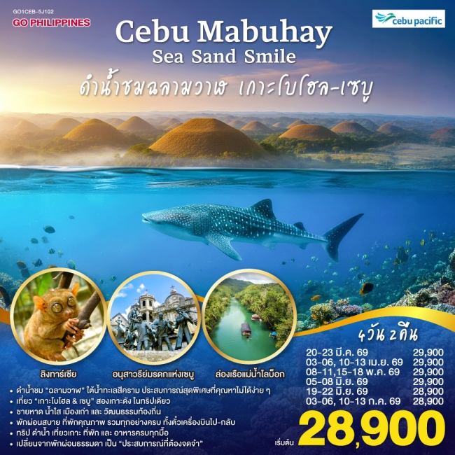 ทัวร์ฟิลิปปินส์ CEBU Mabuhay Sea. Sand. Smile. ดำน้ำชมฉลามวาฬ เกาะโบโฮล 4 วัน 2 คืน
