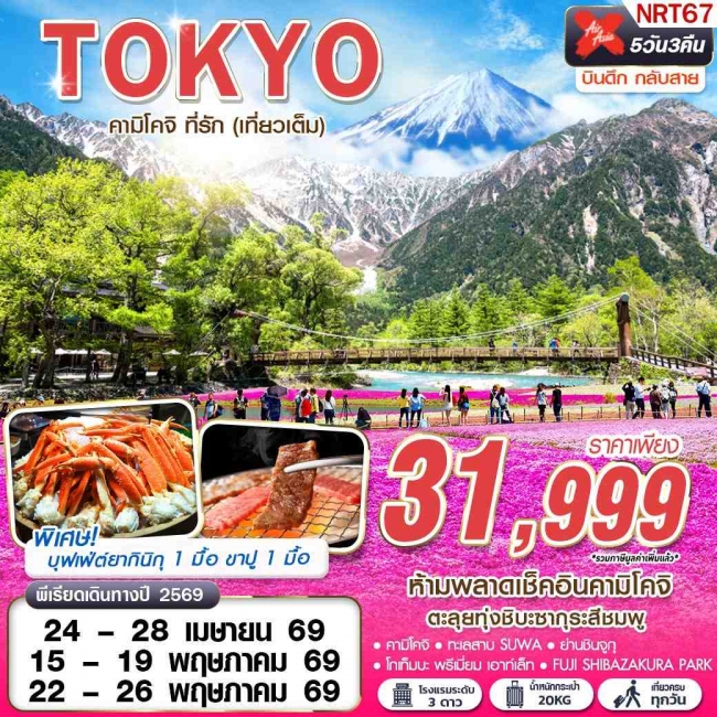 ทัวร์ TOKYO คามิโคจิ ที่รัก (เที่ยวเต็ม) บินดึกกลับสาย APR - MAY 5D3N