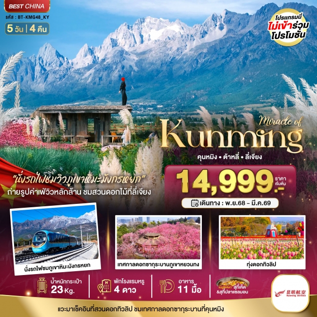 ทัวร์จีนคุนหมิง ทะเลสาบต้าหลี่ สวนดอกไม้ลี่เจียง นั่งรถไฟชมวิวภูเขาหิมะมังกรหยก ทัวร์จีนคุนหมิง ทะเลสาบต้าหลี่ สวนดอกไม้ลี่เจียง นั่งรถไฟชมวิวภูเขาหิมะมังกรหยก