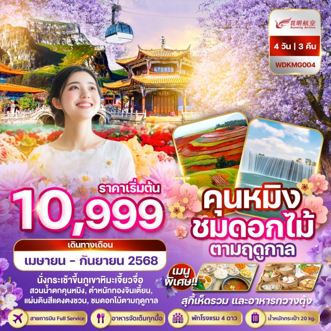 ทัวร์จีนคุนหมิง ภูเขาหิมะเจี้ยวจื่อ แผ่นดินสีแดง ชมเทศกาลดอกไม้ตามฤดูกาล 4วัน3คืน
