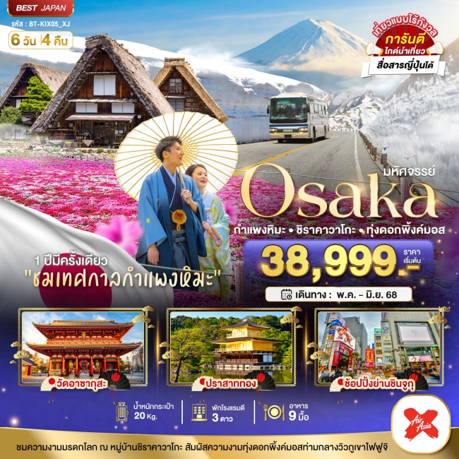 ทัวร์ญี่ปุ่น Osaka กำแพงหิมะ ชิราคาวาโกะ ทุ่งดอกพิ้งค์มอส