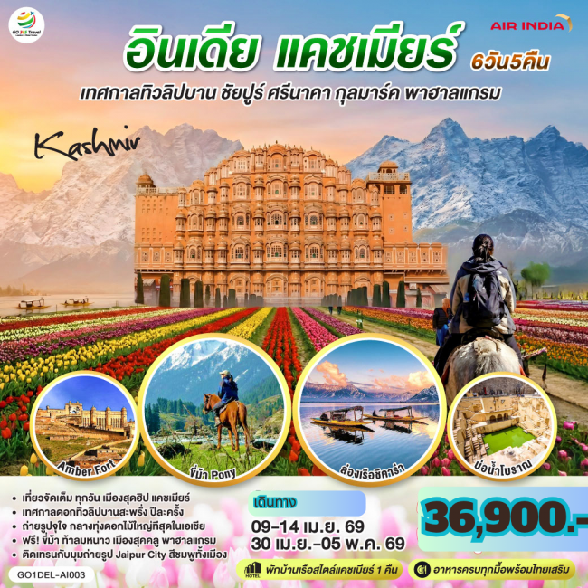 ทัวร์อินเดีย เทศกาลทิวลิปบาน แคชเมียร์ ชัยปูร์ ศรีนาคา กุลมาร์ค พาฮาลแกรม 6 วัน 5 คืน